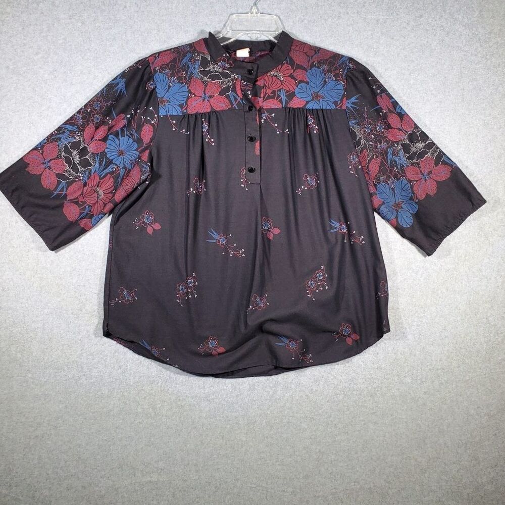 Vintage Boho Floral Peasant Blouse Black Red Blue 3/4 Sleeve Popover Top